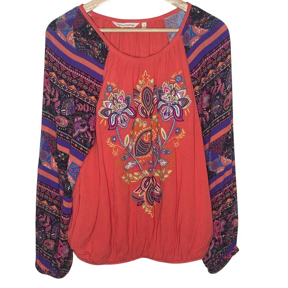 Soft Surroundings Coral Embroidered Boho Peasant Blouse Long Sleeve Women's M